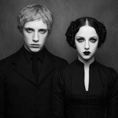 Vampire world. A comical teenage vampire in an elegant black tailcoat stands in an old abandoned castle, greeting his guests and grinning evilly. Halloween