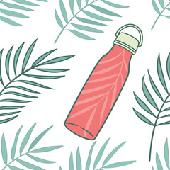 Coral water bottle adorned with tropical palm leaves