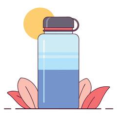 Stylized water bottle with sun and leaves illustration