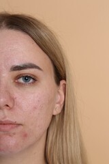 Closeup view of woman on beige background