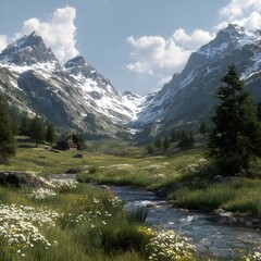 Obraz premium Idyllic Alpine View: Pristine River Running Through Meadows Beneath Majestic Snowy Summits