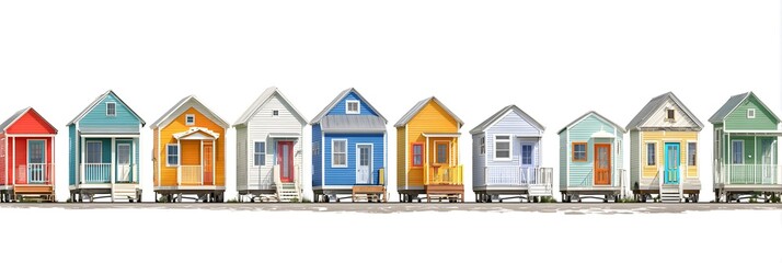Colorful row of tiny houses in a bright setting, showcasing unique designs and vibrant colors
