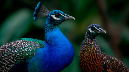 Obraz premium Two peacocks, one blue and the other brown with black spots on its head