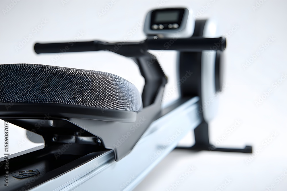 Poster close-up of a modern rowing machine seat in a bright gym setting with a blurred display in the backg