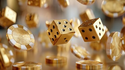 Floating golden dice and chips create a dynamic gaming atmosphere in a lively casino setting