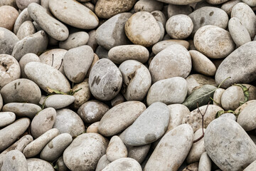 pebbles round gray embankment of the river close-up background stone