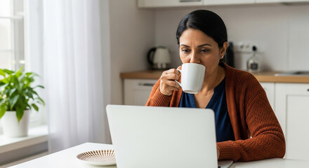 Woman Drinking Coffee and Working on Laptop in Cozy Home Kitchen