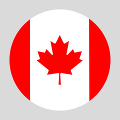 Obraz premium Flat icon of Canadian flag in a circular shape. Canada flag round shape. standard colors official. Red maple leaf symbol on white and red background. Ideal for icons, badges, stickers, and branding