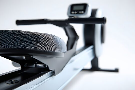 Close-up of a modern rowing machine seat in a bright gym setting with a blurred display in the background