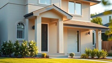Modern suburban home with clean lines and soft morning light, surrounded by lush greenery.