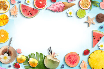 Summer vibe card or party invitation with space for text. Frame of different fruits on color...