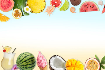 Summer vibe card or party invitation with space for text. Frame of different fruits on color...