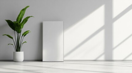 Minimalist interior scene with a potted plant and blank canvas bathed in sunlight