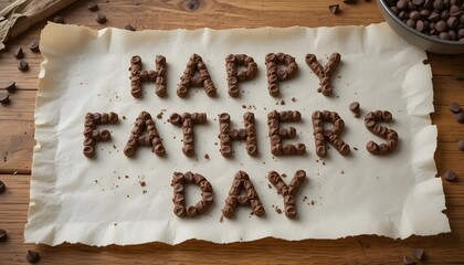Chocolate chips arranged to spell "Happy Father's Day" on parchment paper