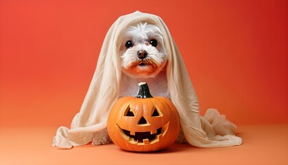 Adorable Maltese Dog Dressed as a Ghost Sitting Beside a Grinning Jack-O'-Lantern, Capturing the Spirit of Halloween with a Playful and Whimsical Vibe