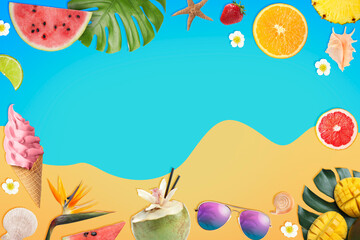 Summer vibe card or party invitation with space for text. Frame of different fruits on color...