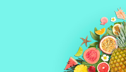 Summer vibe card or party invitation with space for text. Different fruits and stuff on turquoise...