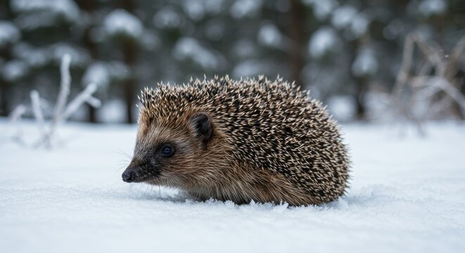Serene winter scene of a european hedgehog walking on a snow covered landscape - Powered by Adobe