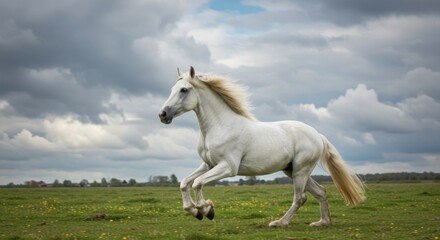 Obraz premium Ethereal stallion running freely across verdant meadows under a majestic cloudy sky