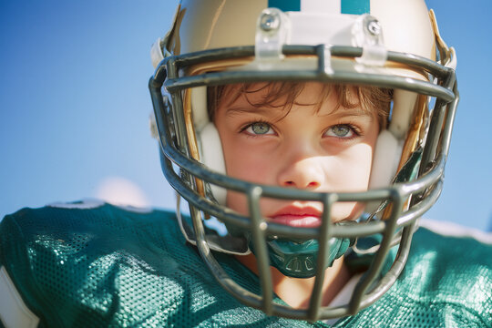 A young boy wearing a football helmet is looking at the camera - Powered by Adobe