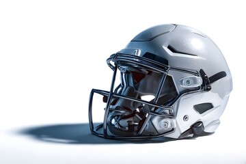 Fototapeta premium Detailed close-up of a shiny silver football helmet on a white background, highlighting its design and features