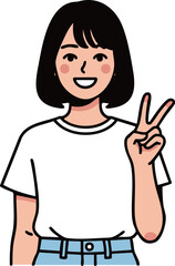 若い女性のピースサインイラスト - シンプルなミニマルフラットデザイン