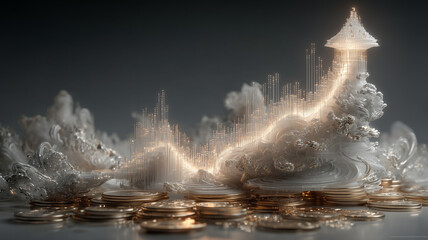 Surreal digital landscape featuring glowing structure amidst swirling clouds and stacks of coins