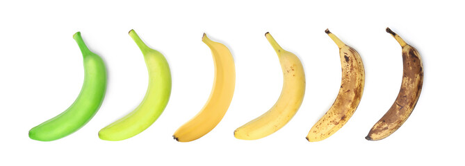 Banana fruits of different ripening stages on white background, set. Top view