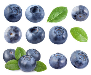 Fresh blueberries and green leaves isolated on white, collage