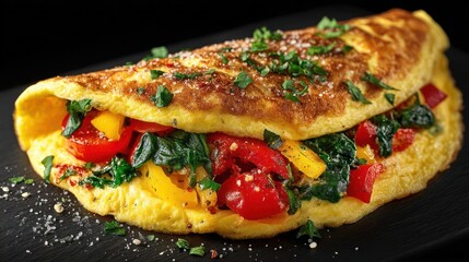 Delicious herb and vegetable omelette, close-up view.