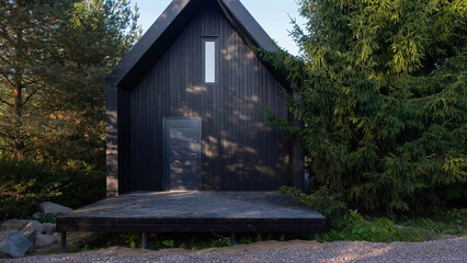 Contemporary minimalist black wooden cabin with a gable roof located in a pine forest. Scandinavian architecture design, peaceful retreat in nature.