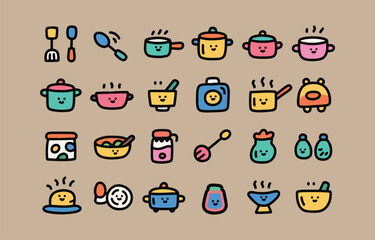 Cute kawaii cooking utensils and food icons set
