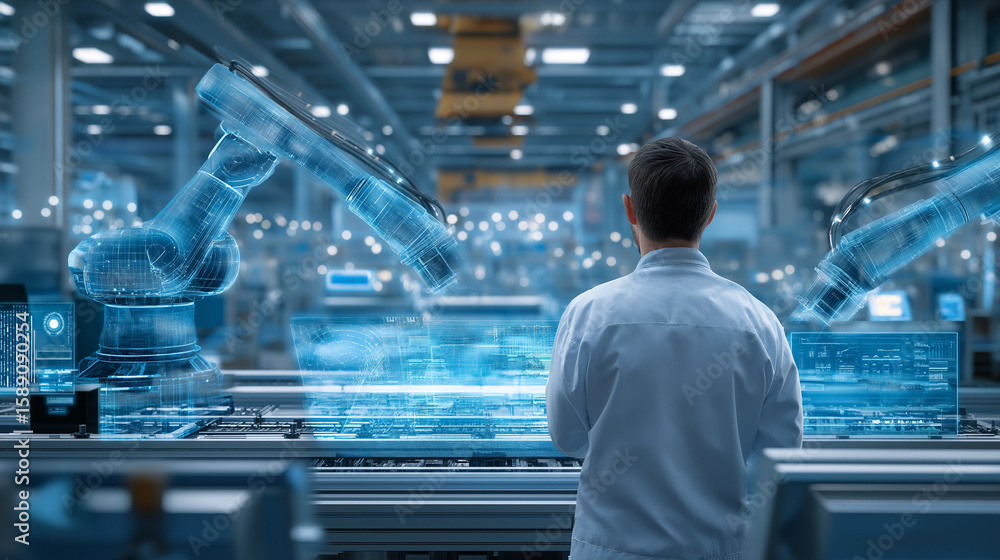 Poster advanced smart factory with robotics and holographic technology