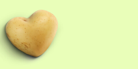 Heart shaped potato on pale light green background, top view. Banner design with space for text
