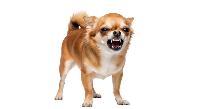 Chihuahua shows aggressive behavior while growling and baring teeth in a full-length pose, isolated with a transparent background