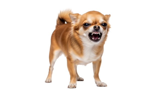 Chihuahua shows aggressive behavior while growling and baring teeth in a full-length pose, isolated with a transparent background