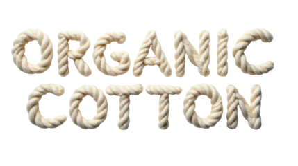 Finely spun cotton threads form the words organic cotton in an artistic display, showcasing material quality and sustainability