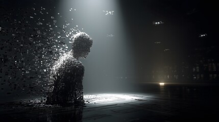 Obraz premium Figure dissolving into digital particles, Silhouette fading in bright light, Abstract form breaking apart slowly, Person undergoing digital transformation