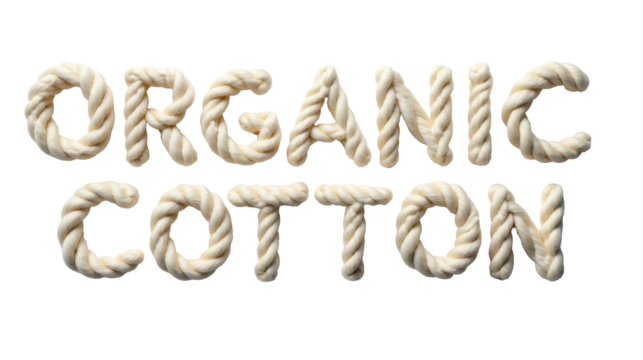 Finely spun cotton threads form the words organic cotton in an artistic display, showcasing material quality and sustainability