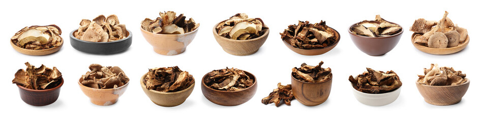 Dried mushrooms in bowls isolated on white, set