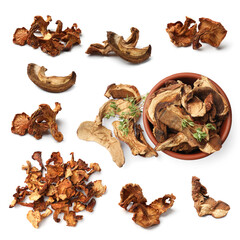 Dried aromatic mushrooms and thyme isolated on white, set