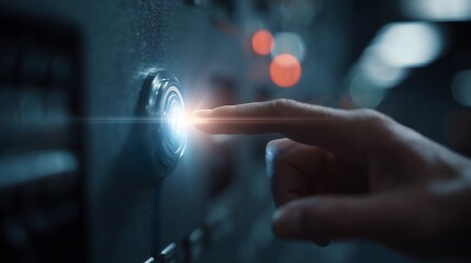 Finger pressing glowing control button, Hand activating futuristic machine panel, Pressing illuminated button on console, Close-up of technology activation