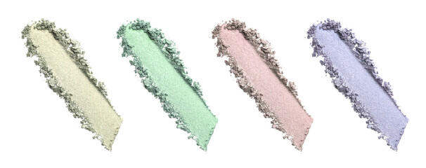 Eyeshadow palette isolated on white, top view. Cosmetic samples of different colors