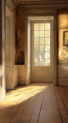 Sunlight streams through a grand window illuminating an antique room with ornate walls