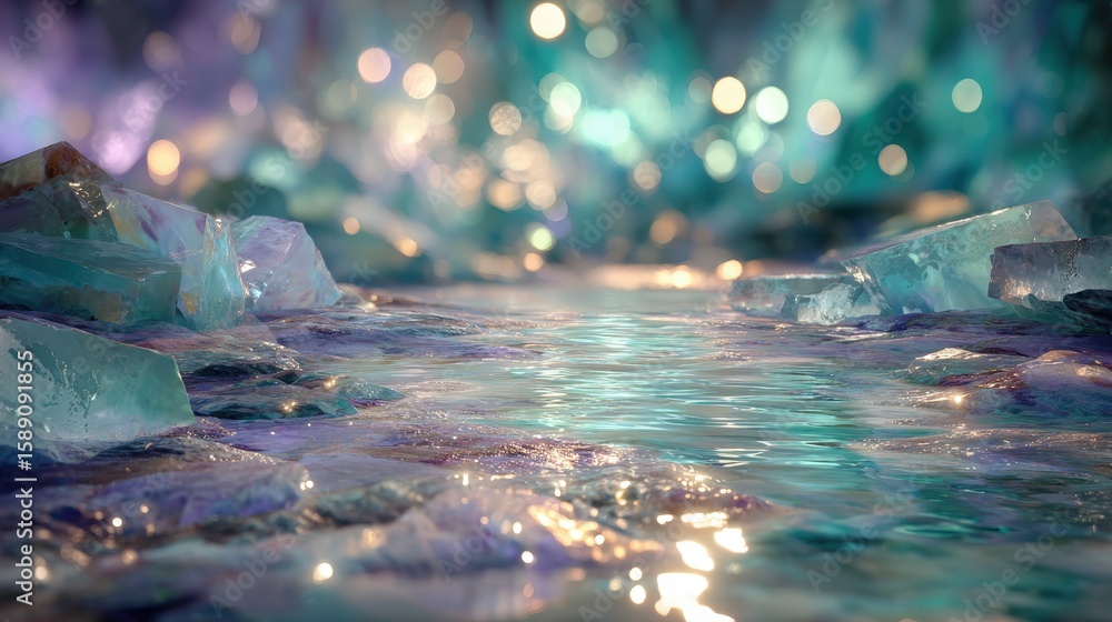 Poster a close-up of a shimmering icy surface with colorful bokeh lights reflecting, creating a magical and