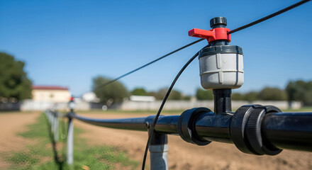 Close-up of a black irrigation pipe system with a valve and wires, used for watering crops in a field.
