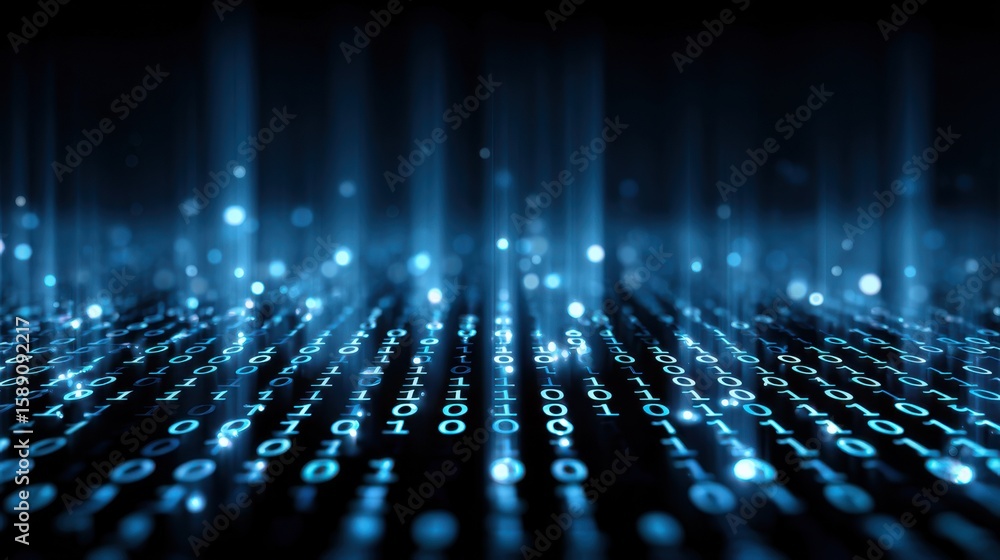 Fototapete Visual representation of digital data streaming across a dark background during nighttime