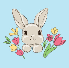Hand Drawn Cute Bunny and wild flowers vector, design rabbit, kids print 