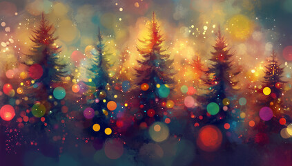 Magical, colorful forest with trees and glowing lights