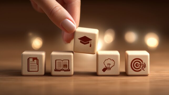 Hand stacking wooden blocks with educational symbols during a creative learning session in a cozy setting